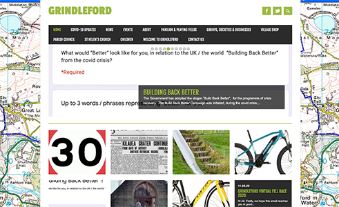 Screenshot of the Grindleford website with a "Building Back Better" question and a large red “30” sign.
