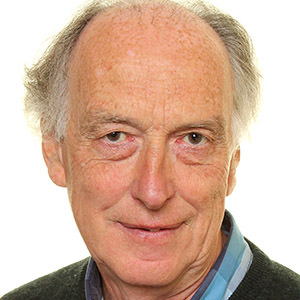 Older man with gray hair, wearing a collared shirt and sweater, smiling at the camera against a white background.